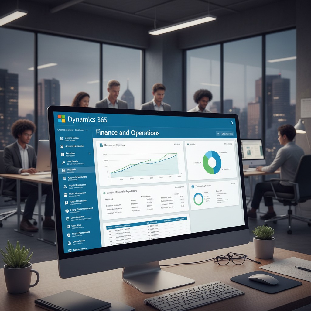 A computer monitor displays a Microsoft Dynamics 365 finance dashboard on a desk in a modern, busy office.