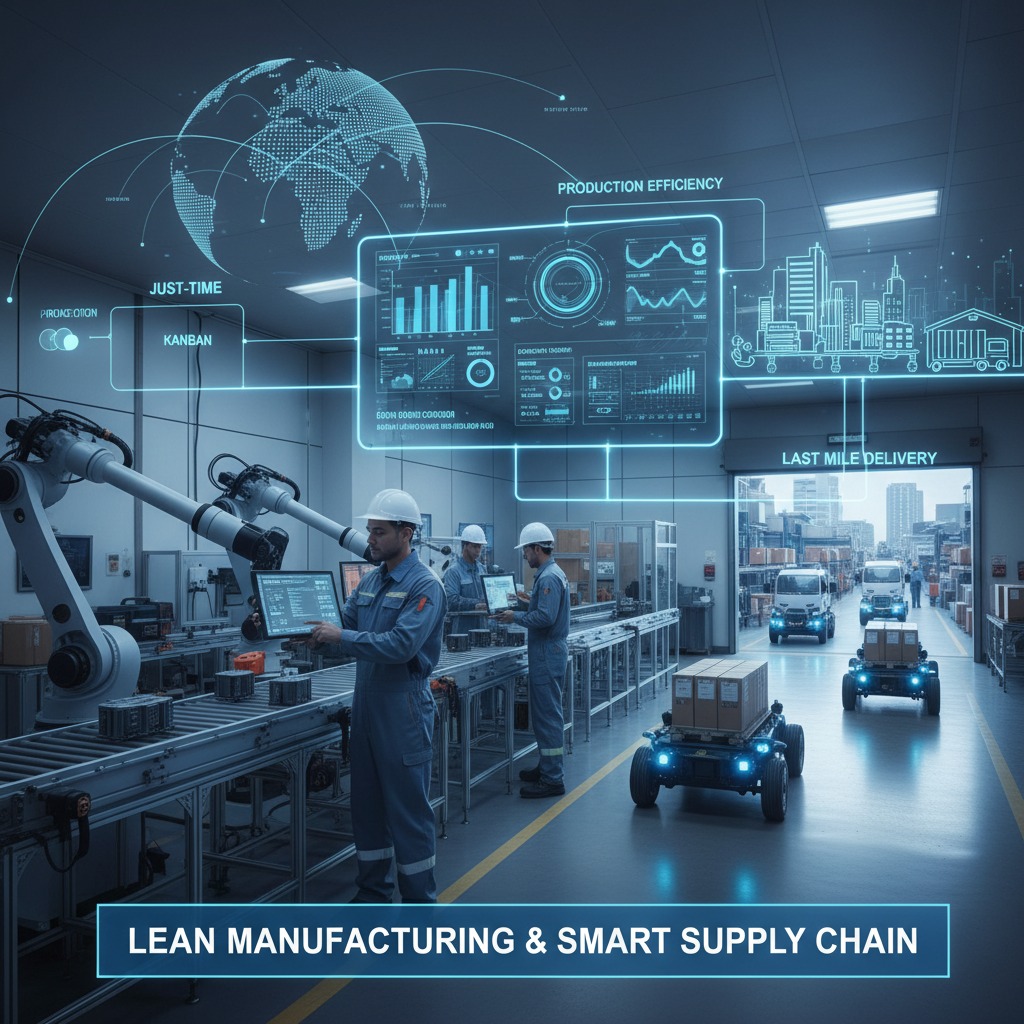 Workers in a modern factory monitor automated robotic systems and autonomous vehicles alongside digital data overlays representing supply chain efficiency.