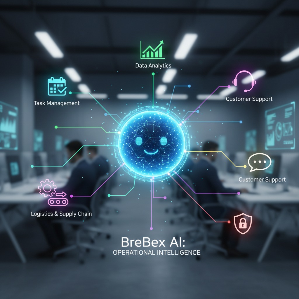 A glowing digital sphere with a smiling face connects to various business icons representing data analytics, task management, customer support, logistics, and security in a modern office setting.