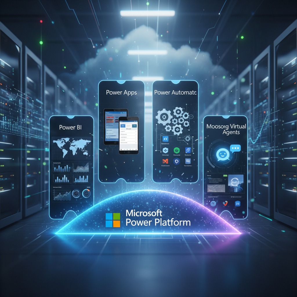Four digital screens representing Microsoft Power Platform tools—Power BI, Power Apps, Power Automate, and Microsoft Virtual Agents—are displayed against a backdrop of server racks and a glowing cloud.